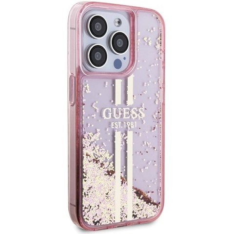 Etui Guess Liquid Glitter Gold Stripes na iPhone 15 Pro - różowe