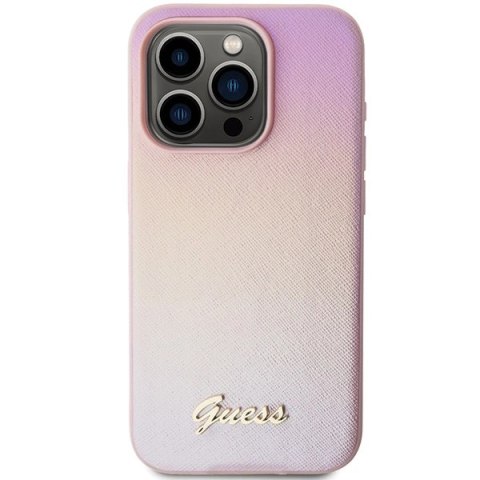 Etui Guess Saffiano Iridescent Script na iPhone 14 Pro - różowe