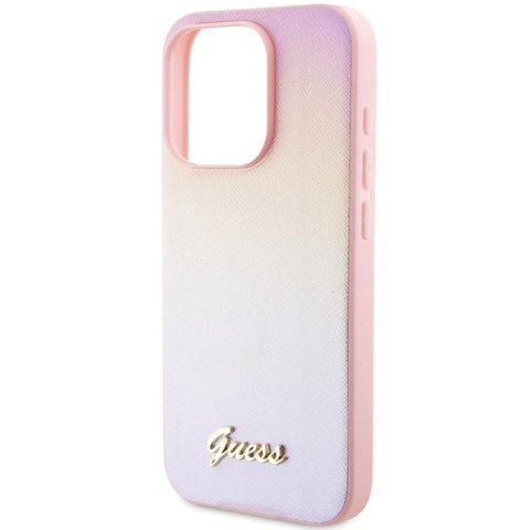 Etui Guess Saffiano Iridescent Script na iPhone 14 Pro - różowe