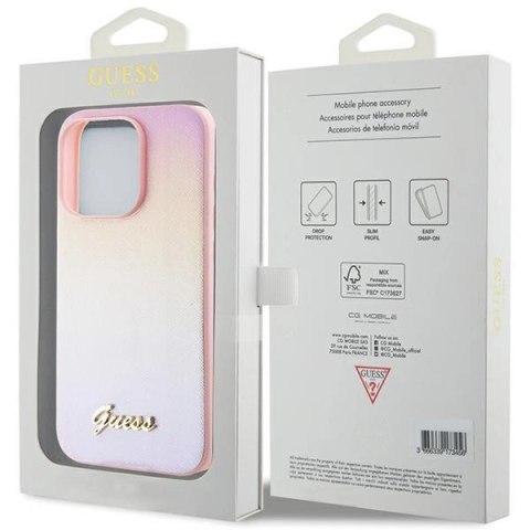 Etui Guess Saffiano Iridescent Script na iPhone 14 Pro - różowe