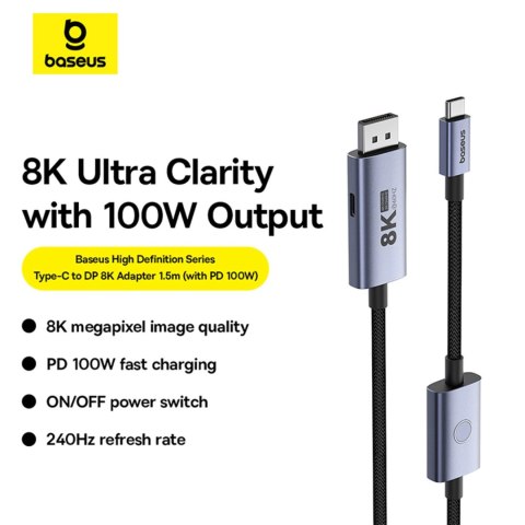 Kabel Baseus High Definition Series BS-OH139 USB-C / DP 8K PD 100W 1.5m - czarny Kabel Baseus High Definition Series BS-OH139 USB-C / DP 8K PD 100W 1.5m - czarny