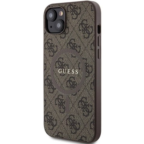 Etui Guess 4G Collection Leather Metal Logo MagSafe na iPhone 15 Plus / 14 Plus - brązowe