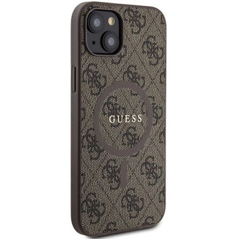Etui Guess 4G Collection Leather Metal Logo MagSafe na iPhone 15 Plus / 14 Plus - brązowe