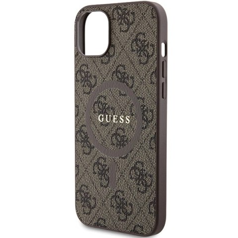 Etui Guess 4G Collection Leather Metal Logo MagSafe na iPhone 15 Plus / 14 Plus - brązowe