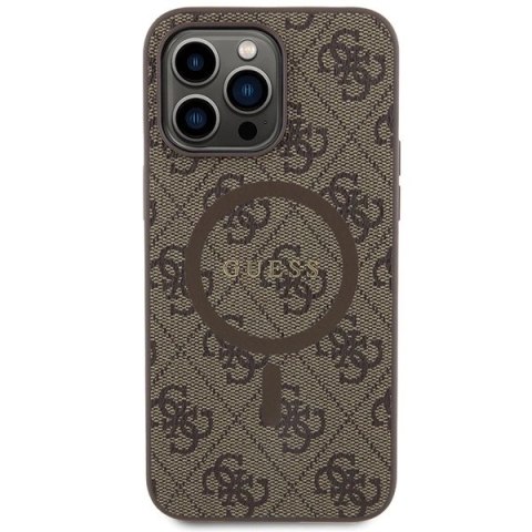 Etui Guess 4G Collection Leather Metal Logo MagSafe na iPhone 15 Pro Max - brązowe