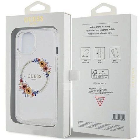 Etui Guess IML Flowers Wreatch MagSafe na iPhone 15 / 14 / 13 - przezroczyste