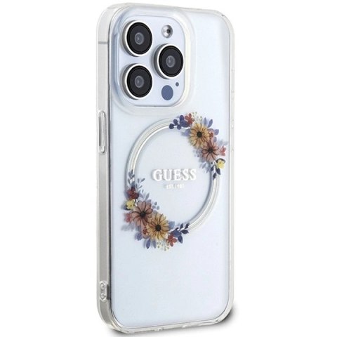 Etui Guess IML Flowers Wreatch MagSafe na iPhone 15 Pro Max - przezroczyste