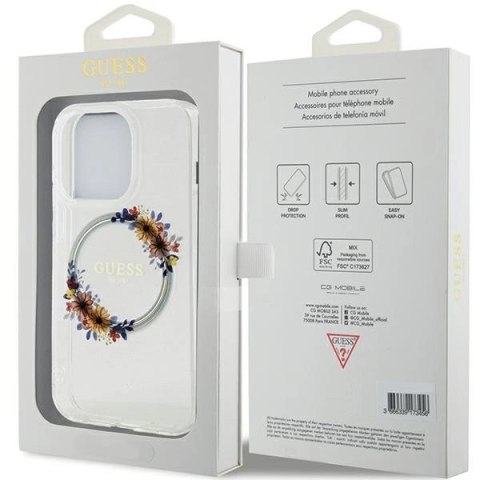 Etui Guess IML Flowers Wreatch MagSafe na iPhone 15 Pro - przezroczyste