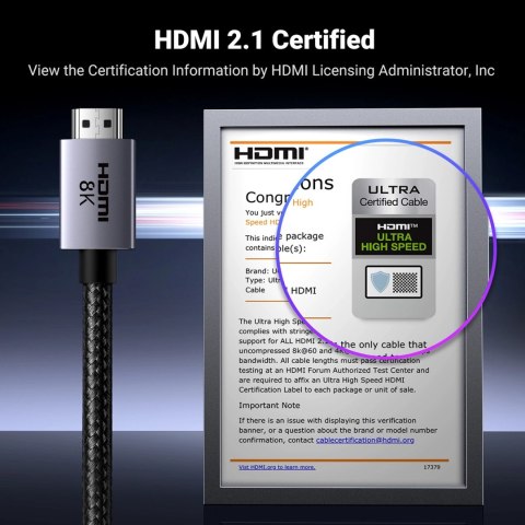 Kabel Ugreen HD171 25908 ze złączami HDMI 2.1 8K certyfikowany 1 m - szary Kabel Ugreen HD171 25908 ze złączami HDMI 2.1 8K certyfikowany 1 m - szary