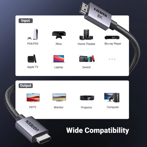 Kabel Ugreen HD171 25911 ze złączami HDMI 2.1 8K certyfikowany 3 m - szary Kabel Ugreen HD171 25911 ze złączami HDMI 2.1 8K certyfikowany 3 m - szary