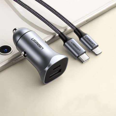 Ugreen szybka ładowarka samochodowa USB-A / USB-C 30W PD PPS szara (CD130) Ugreen szybka ładowarka samochodowa USB-A / USB-C 30W PD PPS szara (CD130)