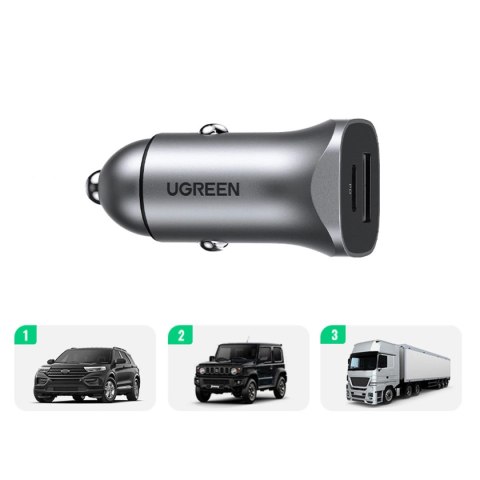 Ugreen szybka ładowarka samochodowa USB-A / USB-C 30W PD PPS szara (CD130) Ugreen szybka ładowarka samochodowa USB-A / USB-C 30W PD PPS szara (CD130)