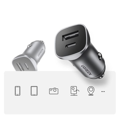 Ugreen szybka ładowarka samochodowa USB-A / USB-C 30W PD PPS szara (CD130) Ugreen szybka ładowarka samochodowa USB-A / USB-C 30W PD PPS szara (CD130)