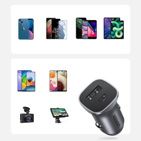 Ugreen szybka ładowarka samochodowa USB-A / USB-C 30W PD PPS szara (CD130) Ugreen szybka ładowarka samochodowa USB-A / USB-C 30W PD PPS szara (CD130)