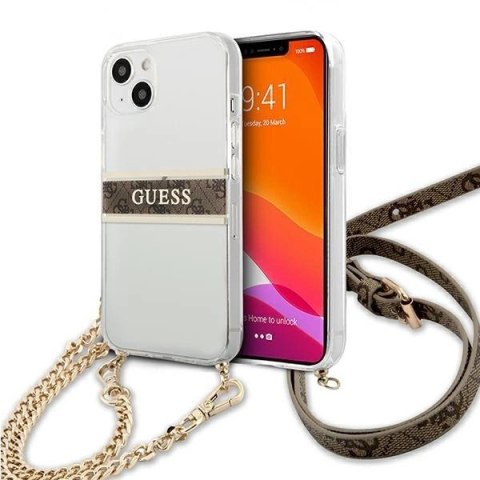 Etui Guess 4G Brown Strap Gold Chain na iPhone 13 mini - przezroczyste Etui Guess 4G Brown Strap Gold Chain na iPhone 13 mini - przezroczyste