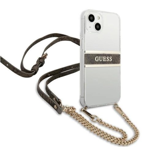 Etui Guess 4G Brown Strap Gold Chain na iPhone 13 mini - przezroczyste Etui Guess 4G Brown Strap Gold Chain na iPhone 13 mini - przezroczyste