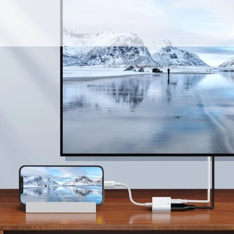 Joyroom adapter przejściówka ze złącza Lightning (męski) na cyfrowe HDMI (żeński) + Lightning (żeński) FullHD 1080p 60Hz biały ( Joyroom adapter przejściówka ze złącza Lightning (męski) na cyfrowe HDMI (żeński) + Lightning (żeński) FullHD 1080p 60Hz biały (