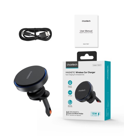 Uchwyt magnetyczny Choetech T205-F z ładowarką indukcyjną 15 W na kratkę nawiewu - czarny Uchwyt magnetyczny Choetech T205-F z ładowarką indukcyjną 15 W na kratkę nawiewu - czarny