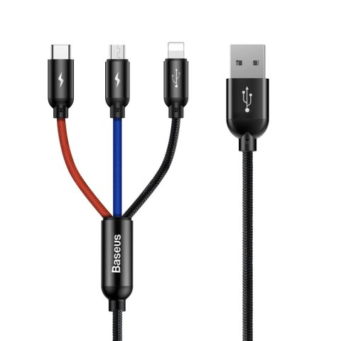 Kabel Baseus Three Primary Colors 3w1 USB-A - micro USB / Lightning / USB-C 3.5A 0,3 m - czarny Kabel Baseus Three Primary Colors 3w1 USB-A - micro USB / Lightning / USB-C 3.5A 0,3 m - czarny