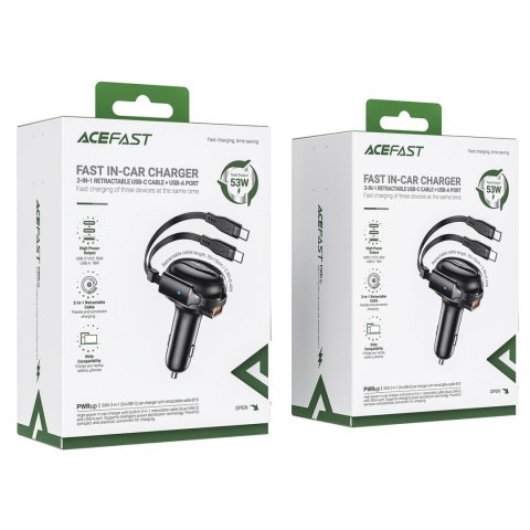 Ładowarka Acefast B13 samochodowa 53W USB-A / 2 kable rozwijane USB-C - czarna Ładowarka Acefast B13 samochodowa 53W USB-A / 2 kable rozwijane USB-C - czarna