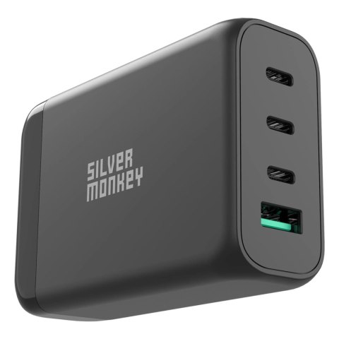 Ładowarka GaN Silver Monkey SMA151 130W 3xUSB-C PD USB-A QC 3.0 z odłączanym kablem zasilającym - czarna Ładowarka GaN Silver Monkey SMA151 130W 3xUSB-C PD USB-A QC 3.0 z odłączanym kablem zasilającym - czarna