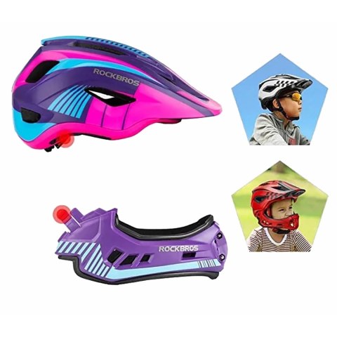 Kask rowerowy Rockbros TT-32SBPP-M dziecięcy z odpinaną szczęką rozmiar M - fioletowo-różowy Kask rowerowy Rockbros TT-32SBPP-M dziecięcy z odpinaną szczęką rozmiar M - fioletowo-różowy