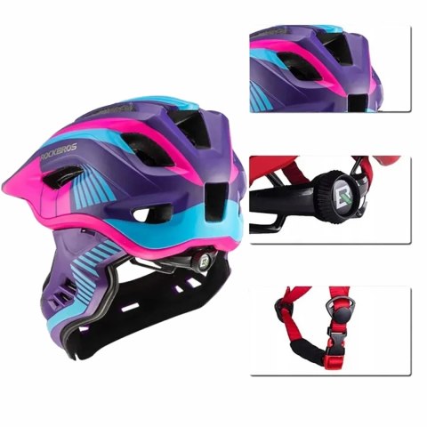Kask rowerowy Rockbros TT-32SBPP-M dziecięcy z odpinaną szczęką rozmiar M - fioletowo-różowy Kask rowerowy Rockbros TT-32SBPP-M dziecięcy z odpinaną szczęką rozmiar M - fioletowo-różowy