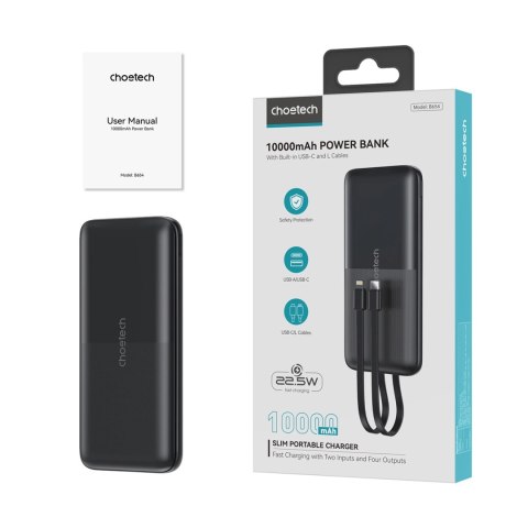 Powerbank Choetech B654 10000mAh 22.5W USB-A / USB-C / micro USB z wbudowanym kablem USB-C / Lightning - czarny Powerbank Choetech B654 10000mAh 22.5W USB-A / USB-C / micro USB z wbudowanym kablem USB-C / Lightning - czarny