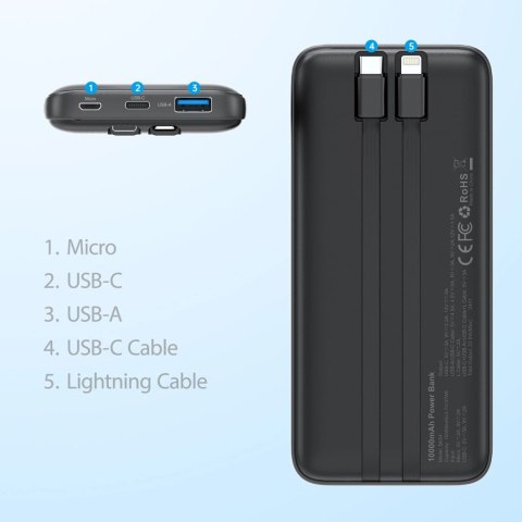 Powerbank Choetech B654 10000mAh 22.5W USB-A / USB-C / micro USB z wbudowanym kablem USB-C / Lightning - czarny Powerbank Choetech B654 10000mAh 22.5W USB-A / USB-C / micro USB z wbudowanym kablem USB-C / Lightning - czarny