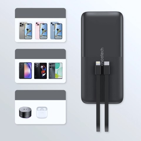 Powerbank Choetech B654 10000mAh 22.5W USB-A / USB-C / micro USB z wbudowanym kablem USB-C / Lightning - czarny Powerbank Choetech B654 10000mAh 22.5W USB-A / USB-C / micro USB z wbudowanym kablem USB-C / Lightning - czarny