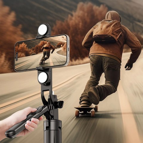 Selfie stick WH181D-Y1S teleskopowy statyw 1.75m ze stopu aluminium z podwójną lampą i uchwytem na telefon - czarny Selfie stick WH181D-Y1S teleskopowy statyw 1.75m ze stopu aluminium z podwójną lampą i uchwytem na telefon - czarny