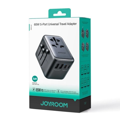 Adapter podróżny Joyroom JR-TCW02 65W uniwersalny EU / US / JP / AU / UK / CN - czarny Adapter podróżny Joyroom JR-TCW02 65W uniwersalny EU / US / JP / AU / UK / CN - czarny