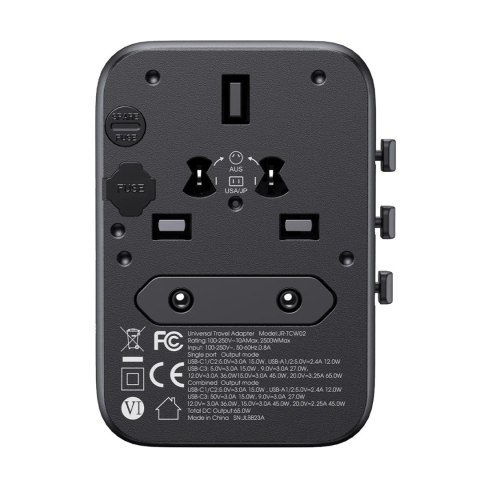 Adapter podróżny Joyroom JR-TCW02 65W uniwersalny EU / US / JP / AU / UK / CN - czarny Adapter podróżny Joyroom JR-TCW02 65W uniwersalny EU / US / JP / AU / UK / CN - czarny