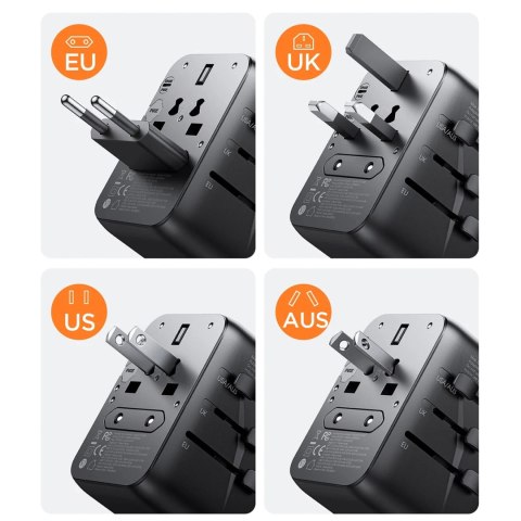 Adapter podróżny Joyroom JR-TCW02 65W uniwersalny EU / US / JP / AU / UK / CN - czarny Adapter podróżny Joyroom JR-TCW02 65W uniwersalny EU / US / JP / AU / UK / CN - czarny