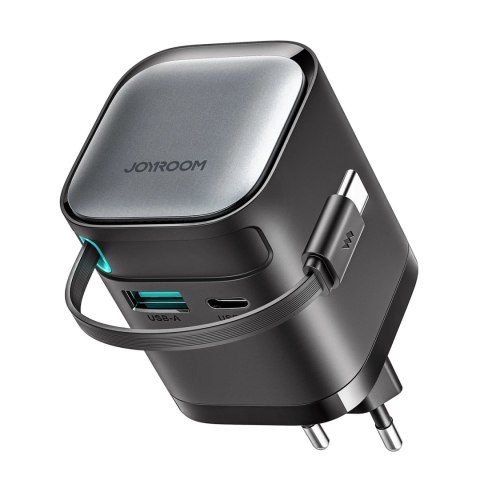 Ładowarka GaN Joyroom JR-TCL02 65W USB-A USB-C z wbudowanym kablem USB-C - czarna Ładowarka GaN Joyroom JR-TCL02 65W USB-A USB-C z wbudowanym kablem USB-C - czarna
