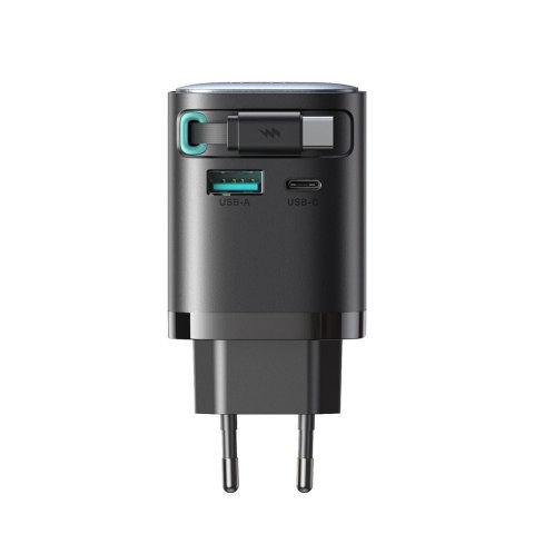 Ładowarka GaN Joyroom JR-TCL02 65W USB-A USB-C z wbudowanym kablem USB-C - czarna Ładowarka GaN Joyroom JR-TCL02 65W USB-A USB-C z wbudowanym kablem USB-C - czarna