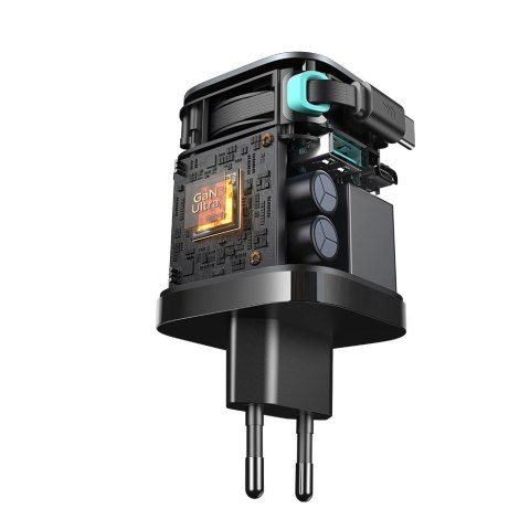 Ładowarka GaN Joyroom JR-TCL02 65W USB-A USB-C z wbudowanym kablem USB-C - czarna Ładowarka GaN Joyroom JR-TCL02 65W USB-A USB-C z wbudowanym kablem USB-C - czarna