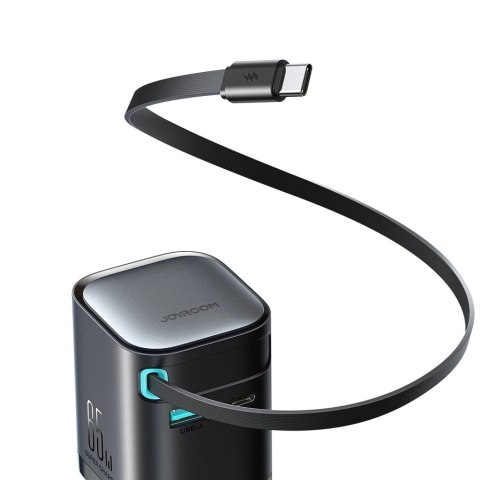 Ładowarka GaN Joyroom JR-TCL02 65W USB-A USB-C z wbudowanym kablem USB-C - czarna Ładowarka GaN Joyroom JR-TCL02 65W USB-A USB-C z wbudowanym kablem USB-C - czarna