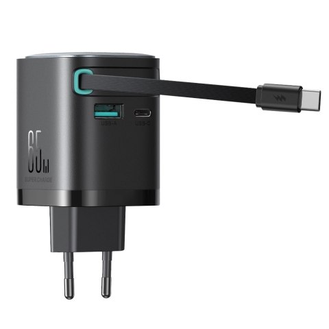 Ładowarka GaN Joyroom JR-TCL02 65W USB-A USB-C z wbudowanym kablem USB-C - czarna Ładowarka GaN Joyroom JR-TCL02 65W USB-A USB-C z wbudowanym kablem USB-C - czarna