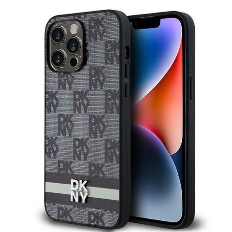 Etui DKNY Leather Checkered Mono Pattern & Printed Stripes na iPhone 14 Pro Max - czarne Etui DKNY Leather Checkered Mono Pattern & Printed Stripes na iPhone 14 Pro Max - czarne