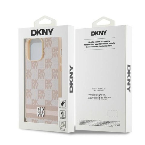 Etui DKNY Leather Checkered Mono Pattern & Printed Stripes na iPhone 14 Pro Max - różowe Etui DKNY Leather Checkered Mono Pattern & Printed Stripes na iPhone 14 Pro Max - różowe