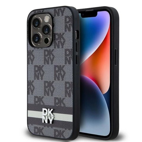 Etui DKNY Leather Checkered Mono Pattern & Printed Stripes na iPhone 14 Pro - czarne Etui DKNY Leather Checkered Mono Pattern & Printed Stripes na iPhone 14 Pro - czarne