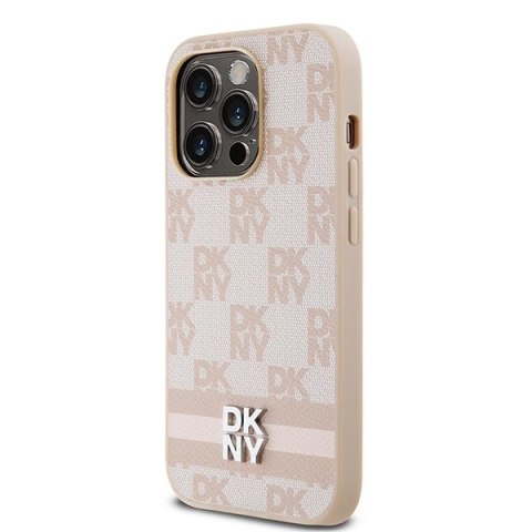 Etui DKNY Leather Checkered Mono Pattern & Printed Stripes na iPhone 14 Pro - różowe Etui DKNY Leather Checkered Mono Pattern & Printed Stripes na iPhone 14 Pro - różowe