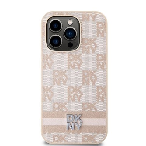 Etui DKNY Leather Checkered Mono Pattern & Printed Stripes na iPhone 14 Pro - różowe Etui DKNY Leather Checkered Mono Pattern & Printed Stripes na iPhone 14 Pro - różowe