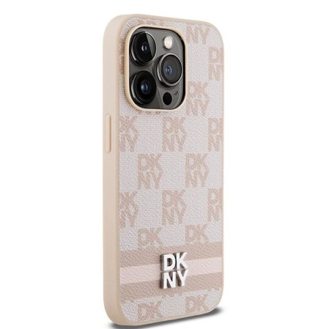 Etui DKNY Leather Checkered Mono Pattern & Printed Stripes na iPhone 14 Pro - różowe Etui DKNY Leather Checkered Mono Pattern & Printed Stripes na iPhone 14 Pro - różowe