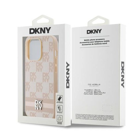 Etui DKNY Leather Checkered Mono Pattern & Printed Stripes na iPhone 14 Pro - różowe Etui DKNY Leather Checkered Mono Pattern & Printed Stripes na iPhone 14 Pro - różowe