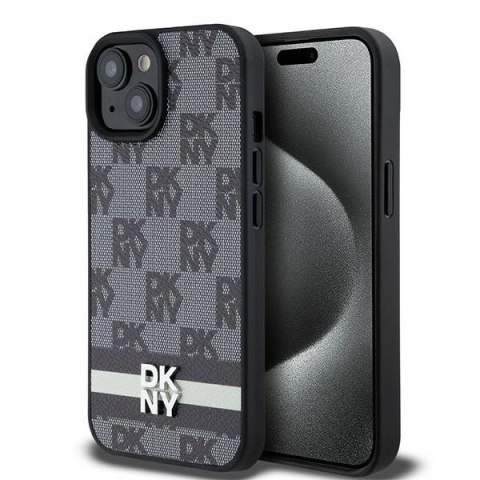 Etui DKNY Leather Checkered Mono Pattern & Printed Stripes na iPhone 15 Plus / 14 Plus - czarne Etui DKNY Leather Checkered Mono Pattern & Printed Stripes na iPhone 15 Plus / 14 Plus - czarne