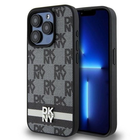 Etui DKNY Leather Checkered Mono Pattern & Printed Stripes na iPhone 15 Pro - czarne Etui DKNY Leather Checkered Mono Pattern & Printed Stripes na iPhone 15 Pro - czarne