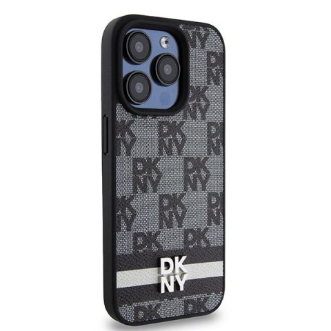 Etui DKNY Leather Checkered Mono Pattern & Printed Stripes na iPhone 15 Pro - czarne Etui DKNY Leather Checkered Mono Pattern & Printed Stripes na iPhone 15 Pro - czarne