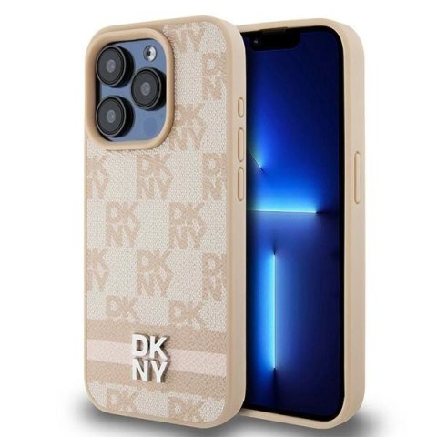 Etui DKNY Leather Checkered Mono Pattern & Printed Stripes na iPhone 15 Pro - różowe Etui DKNY Leather Checkered Mono Pattern & Printed Stripes na iPhone 15 Pro - różowe